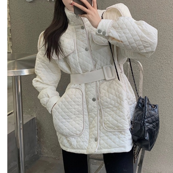 Quilted Jacket coat pocket belt British fashion white button winter outerwear - Picture 9 of 13